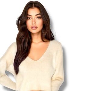 Paris & Me Cozy Cream Fuzzy V-Neck Sweater